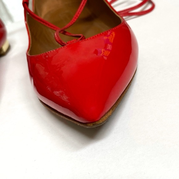 AQUAZZURA CHRISTY RED PATENT LEATHER ANKLE LACE UP POINTY TOE BALLET FLATS - Picture 6 of 13